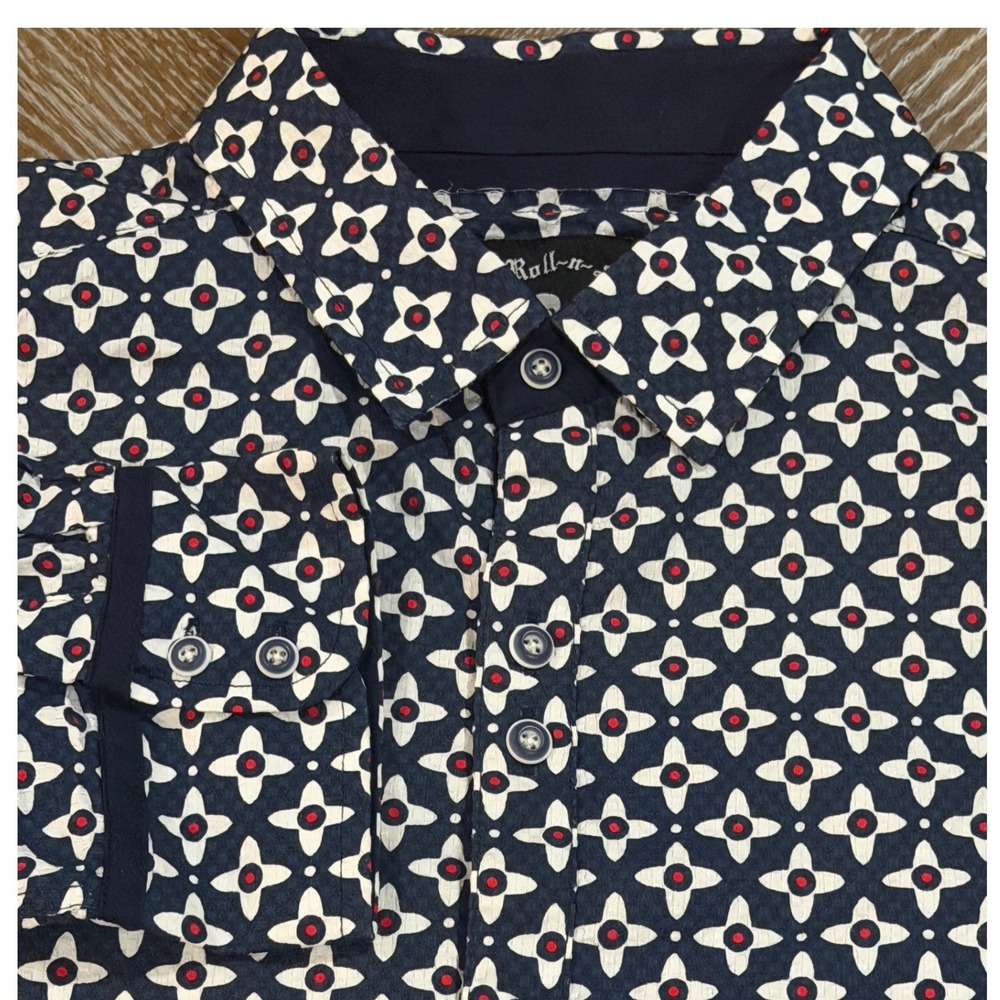 Rock Roll-n-Soul Navy Geometric Print Cotton Button Down Shirt XL